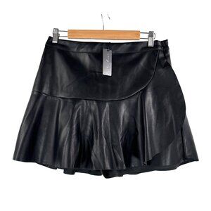Hunter Brown faux leather pleated Y2K mini skort ruffle black sz L
